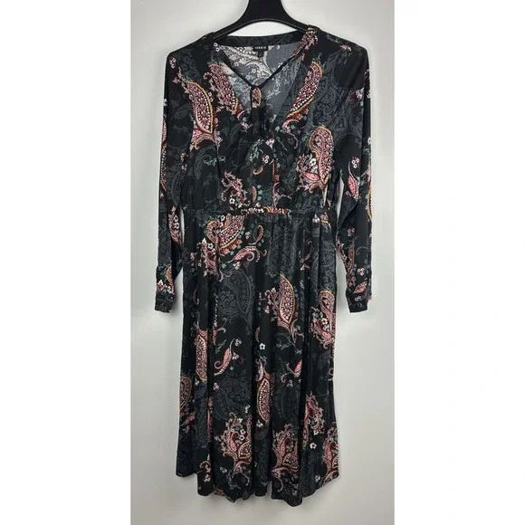 Torrid Midi Challis Skater Dress Black Paisley Plus Size 1 1X Boho Festival - Picture 2 of 13